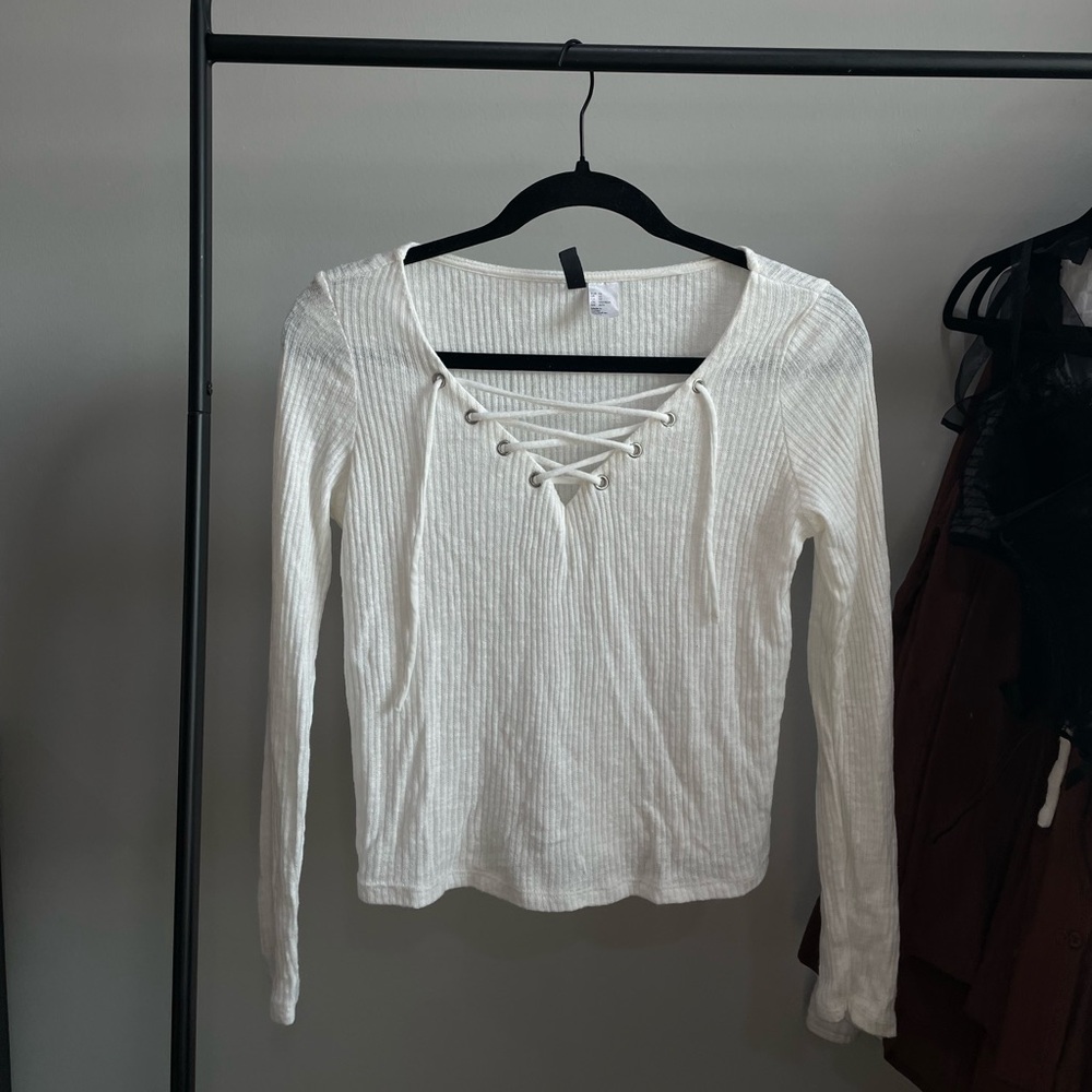 Divided H&M White Lace up Top